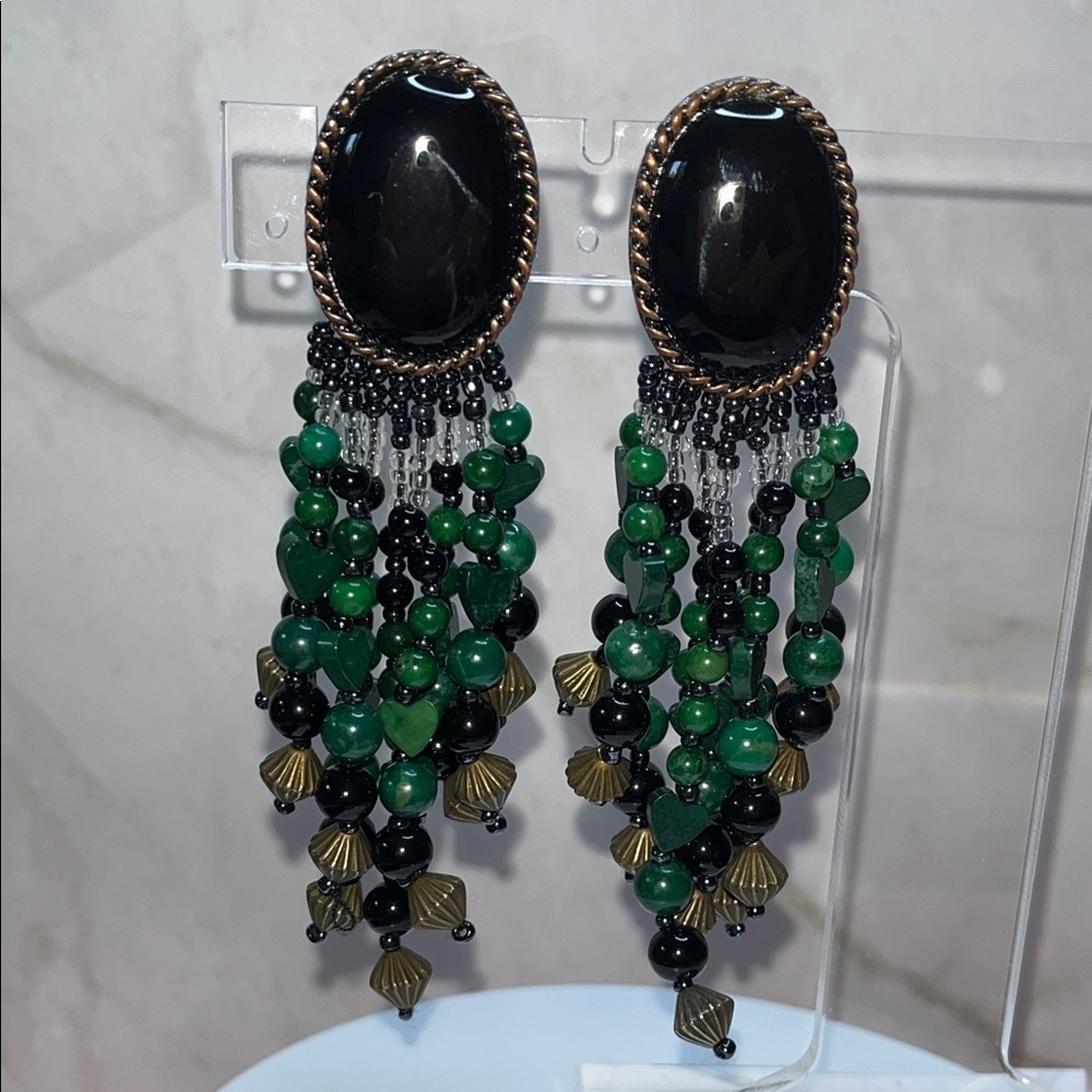 VTG Turquoise Onyx Heart Earrings Glass Beaded Dangle - Picture 3 of 8